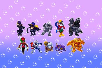 2girls 5boys absurdres armor beelstarmon beelzebumon black_coat black_footwear black_jacket blonde_hair blue_armor bodysuit boots breasts bug claw_(weapon) clown coat colored_skin covered_eyes cropped_jacket cyborg digimon digimon_(creature) digitama dual_wielding egg eye_mask flexing green_pants grey_skin grey_skirt gun heraklekabuterimon high_heel_boots high_heels highres holding holding_gun holding_weapon holding_whip insect_wings jacket jijimon justimon long_hair mask metaletemon metalgarurumon monkey monster_girl mugendramon multiple_boys multiple_girls non-humanoid_robot pants piemon pixel_art red_bodysuit red_scarf red_shirt robot robot_dragon rosemon scarf shirt shoulder_cannon skirt sword sword_on_back third_eye ticosanchezz trait_connection underboob weapon weapon_on_back wings wolf yellow_boots