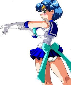 Rule 34 | 1990s (style), 1girl, ass, bishoujo senshi sailor moon, black eyes, blue bow, blue hair, blush, bow, breasts, earrings, eyeball (artist), gloves, jewelry, leotard, magical girl, medium breasts, mizuno ami, retro artstyle, sailor mercury, sailor senshi uniform, short hair, standing, stretching, super sailor mercury, tiara, waist bow, white background, white gloves, white leotard
