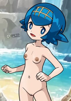 1girl 4mltp :d blue_eyes blue_hair breasts bright_pupils cleft_of_venus clenched_hands collarbone commentary commentary_request cowboy_shot dark_nipples day derivative_work english_commentary hairband happy highres lana_(pokemon) loli navel nintendo nipples no_sclera open_mouth outdoors pokemon pokemon_sm pokemon_tcg pussy short_hair signature smile solo tongue uncensored water waterfall white_pupils yellow_hairband