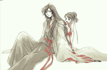 2boys adoptive_parent_and_adoptive_child aged_down ahoge alternate_hairstyle black_hair black_hanfu child chinese_clothes closed_mouth coat commentary_request grey_coat grey_eyes hair_down hair_ribbon hairdressing hanfu high_ponytail holding holding_another's_hair holding_ribbon knee_up lan_sizhui lan_sizhui_(young) long_hair long_sleeves looking_at_another modao_zushi monochrome mouth_hold mugiwara0077 multiple_boys official_alternate_costume open_clothes open_coat parted_bangs ponytail red_ribbon red_sash ribbon ribbon_in_mouth robe sash sidelocks simple_background sitting sleeves_past_wrists smile spot_color standing traditional_media very_long_hair wei_wuxian wei_wuxian_(yiling_laozu) white_background white_hanfu wide_sleeves
