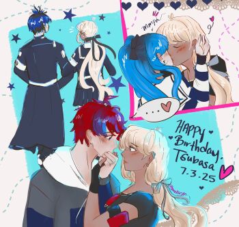 Rule 34 | 2boys, 2girls, absurdres, amemiya darumi, armband, back, back focus, black bow, black hair, blonde hair, blue hair, blush, bow, closed eyes, dark-skinned female, dark skin, grey jacket, hands on own face, heart, hetero, highres, holding hands, hood, hoodie, jacket, kawana tsubasa, kiss, last defense academy school uniform, long sleeves, multicolored hair, multiple boys, multiple girls, multiple views, omokage yugamu, polyamory, ponytail, red hair, short hair, striped clothes, sumino takumi, the hundred line -last defense academy-, twintails, white hoodie, yuri