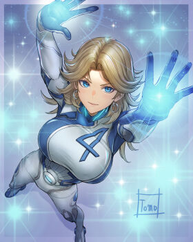 blonde_hair blue_background blue_bodysuit blue_eyes bodysuit breasts commentary earrings fantastic_four from_above full_body highres hoop_earrings jewelry large_breasts long_hair looking_at_viewer looking_up marvel marvel_rivals multicolored_bodysuit parted_hair reaching reaching_towards_viewer silver_earrings sparkle sue_storm superhero_costume tomo_eokaiteru white_bodysuit