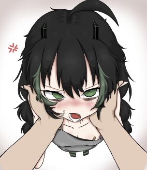 1boy 1girl ahoge anger_vein angry artist_request bags_under_eyes bandaid bandaids_on_nipples black_hair blush breasts collarbone dress elfinpsyop fang flat_chest from_above gradient_background green_eyes green_hair hair_between_eyes hands_on_another's_face horns loli long_hair looking_at_viewer messy_hair multicolored_hair open_mouth pasties pointy_ears pov pov_hands simple_background small_breasts solo_focus streaked_hair striped_clothes twintails two-tone_hair white_background