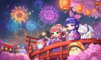 2girls absurdres animal_collar arch_bridge arched_bangs artist_request ayanokouji_kanna back_bow bad_source bell bellflower bellflower_root berry bird black_eyes blue_hair blunt_bangs blunt_sidelocks blush blush_stickers bow bridge bright_pupils cherry_blossoms chibi chibi_only closed_eyes closed_mouth collar colored_inner_animal_ears crown earrings eyelashes facial_mark falling_petals fangs festival fireworks floral_print floral_print_bow floral_print_kimono floral_print_sleeves flower forehead_mark fox gold_crown hair_ornament hair_tie hairband haku_(maplestory) highres holding holding_fireworks horns japanese_clothes jewelry jingle_bell kimono lantern long_hair long_sidelocks long_sleeves maplestory maplestory_m market_stall matsuyama_sakuno monster mountain multiple_girls mushroom nexon night night_sky no_nose obi obijime official_art open_mouth orange_mushroom_(maplestory) outdoors paper_lantern penguin pepe_(maplestory) petals pink_bean pink_bow pink_eyes pink_hair pink_hairband pink_petals pink_sash pom_pom_(clothes) pom_pom_hair_ornament ponytail print_kimono purple_collar purple_horns purple_kimono purple_sleeves sash second-party_source sidelocks sky smile solid_circle_eyes solid_circle_pupils solid_oval_eyes sparkler standing star_(sky) straight_hair tongue torii very_long_hair warm_colored white_fur white_pupils white_sleeves white_tail wide_sleeves yeti_(maplestory)