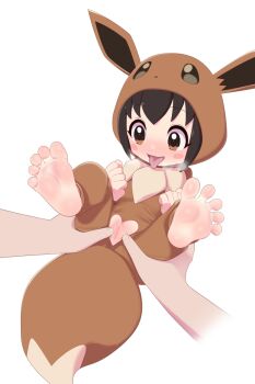 1boy 1girl barefoot black_hair blush blush_stickers brown_eyes censored clenched_hands clothing_cutout cosplay crotch_cutout eevee eevee_(cosplay) fake_tail feet gen_1_pokemon heart_cutout highres loli lying maidforge mosaic_censoring nintendo no_shoes nose_blush on_back onesie open_mouth paid_reward_available poke_kid_(pokemon) pokemon pokemon_swsh pov pov_hands pussy simple_background smile soles solo_focus spread_pussy spread_toes spreading_another's_pussy tail toes tongue tongue_out white_background