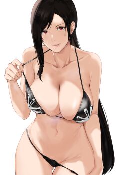 1girl bikini bikini_pull bikini_tug black_bikini black_hair breasts clothes_pull final_fantasy final_fantasy_vii groin halterneck highres j@ck large_breasts long_hair looking_at_viewer navel red_eyes sidelocks skindentation solo stomach swimsuit thighs tifa_lockhart