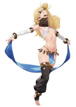 1girl :o absurdres alternate_costume anklet armpits arms_up bare_shoulders belly_dancer black_veil blonde_hair blush bracelet breasts circlet commentary dancer detached_sleeves dot_nose face_veil feet forehead_jewel full_body green_eyes hair_between_eyes hair_bun half-closed_eyes harem_outfit harem_pants headband highres jewelry loli long_hair looking_at_viewer mouth_veil navel necklace open_mouth pants pelvic_curtain piper_wheel ribs shiny_skin short_eyebrows simple_background single_hair_bun small_breasts solo stirrup_legwear stomach teeth thighhighs thighs toeless_legwear toenails toes toned_stomach upper_teeth_only v-shaped_eyebrows veil very_long_hair weimiaw white_background white_sleeves zenless_zone_zero zettai_ryouiki