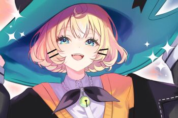 1girl :d absurdres ahoge aqua_eyes bell blonde_hair cardigan commentary english_commentary hat highres ive_(iveith) large_hat medium_hair millie_parfait millie_parfait_(1st_costume) neck_bell nijisanji nijisanji_en off-shoulder_jacket off_shoulder open_mouth orange_cardigan smile solo sparkle virtual_youtuber witch_hat