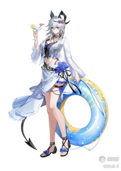 1girl absurdres ahoge black_horns black_shirt black_tail closed_mouth crop_top cup curled_horns demon_tail drinking_glass full_body hair_between_eyes highres holding holding_cup horns jacket large_arm long_hair looking_at_viewer multicolored_hair navel o-ring o-ring_thigh_strap official_alternate_costume official_art red_eyes sandals sarong shirt simple_background smile solo stomach streaked_hair swim_ring tail thigh_strap thighs watermark weil-7 white_background white_jacket white_sarong wuthering_waves zani_(wuthering_waves)