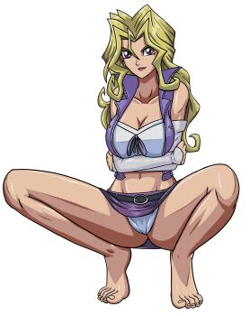 Rule 34 | 1girl, absurdres, artemis-polara, barefoot, belt, blonde hair, breasts, cleavage, commentary, detached sleeves, english commentary, feet, highres, jacket, jewelry, kujaku mai, large breasts, long hair, navel, purple eyes, purple jacket, purple skirt, skirt, sleeveless, sleeveless jacket, smile, solo, toes, transparent background, yu-gi-oh!, yu-gi-oh! duel monsters