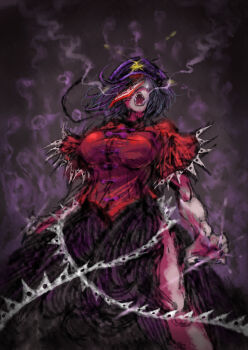 2b-ge aura black_skirt blue_hair breasts chinese_clothes chinese_commentary dark_aura dark_background dynamic_pose glowing glowing_eyes gradient_background hat highres hitodama jiangshi lace-trimmed_sleeves lace_trim large_breasts magic medium_hair messy_hair miyako_yoshika muscular muscular_female newsboy_cap ofuda one-hour_drawing_challenge one_eye_covered open_mouth purple_hat red_shirt sharp_teeth shirt skirt star_(symbol) tangzhuang teeth thighs touhou