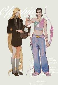 1boy 1girl absurdres androgynous apollo_(mythology) arm_guards arrow_(projectile) artemis_(mythology) belt black_hair black_shorts blazer blonde_hair blue_background blue_eyes blue_pants blue_shirt bow bow_(weapon) braid braided_hair_rings brown_scarf crop_top earrings english_text gold_earrings gold_necklace greek_mythology grey_socks hair_rings highres holding holding_arrow holding_bow_(weapon) holding_instrument holding_lyre holding_weapon instrument jacket jewelry lapels loafers long_hair looking_at_viewer lyre multiple_necklaces necklace pants parted_hair pink_belt pink_bow pink_shoes rora_(auroradiation) scarf shirt shoes short_hair shorts simple_background single_arm_guard socks tassel_loafers text_background very_long_hair weapon yellow_eyes