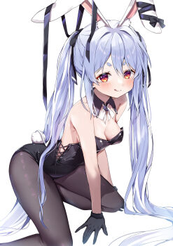1girl :p absurdres animal_ear_fluff animal_ears black_gloves black_leotard black_pantyhose black_ribbon blue_hair blush braid carrot_hair_ornament commentary_request detached_collar food-themed_hair_ornament gloves grey_hair hair_ornament highres hololive kneeling leotard long_hair looking_at_viewer mi_kamii2 multicolored_hair pantyhose playboy_bunny rabbit_ears rabbit_girl rabbit_tail red_eyes ribbon smile solo strapless strapless_leotard tail thick_eyebrows tongue tongue_out twin_braids twintails two-tone_hair usada_pekora virtual_youtuber white_background white_hair