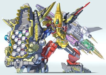 armor daizyuzin dino_megazord dinosaur gattai gigant_kyoryuzin humanoid_robot kyoryuzin mecha mecha_focus no_humans open_mouth power_rangers power_rangers_dino_charge robot science_fiction simple_background super_robot super_sentai tokusatsu urara_(urara-nya) weapon zyuden_sentai_kyoryuger