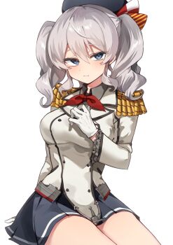1girl beret black_hat black_skirt blush breasts closed_mouth collared_shirt cowboy_shot epaulettes gloves grey_eyes grey_hair grey_shirt hair_between_eyes hat highres kantai_collection kashima_(kancolle) kerchief large_breasts long_hair long_sleeves military_uniform pleated_skirt shirt simple_background skirt solo tsumikitsuki_(katsuobushi) twintails white_background white_gloves