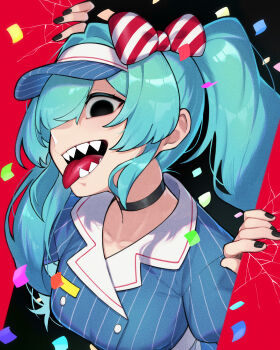 1girl absurdres black_choker black_eyes black_nails blue_hair bow choker confetti crack crazy hair_bow hatsune_miku highres mesmerizer_(vocaloid) open_mouth sharp_teeth solo teeth tongue tongue_out toriniku29 visor_cap vocaloid