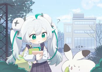 Rule 34 | 1girl, ?, ahoge, bag, blue sky, blush, building, cloud, cloudy sky, commentary request, day, dress, gradient hair, green eyes, green hair, hair ornament, highres, holding, long hair, long sleeves, multicolored hair, official alternate costume, official alternate hairstyle, outdoors, parted lips, quanmian shidai, ribbon, shirt, shoulder bag, skirt, sky, streaked hair, tree, twintails, wen xiaomian, wenxiaomian family, white hair, white shirt