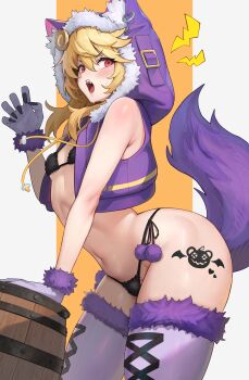 1boy absurdres animal_ear_hood bikini black_bikini blonde_hair bridget_(guilty_gear) commentary_request fake_animal_ears grey_background guilty_gear guilty_gear_strive hakusyokuto halloween highres hood jacket looking_at_viewer male_focus open_mouth orange_background purple_jacket purple_thighhighs swimsuit thighhighs trap two-tone_background