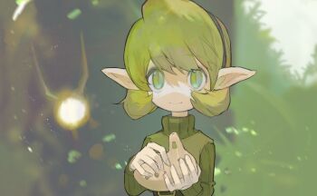 1girl blurry blurry_background facing_viewer fairy forest green_eyes green_hair hairband highres holding holding_instrument instrument looking_at_viewer medium_hair nature ni_(nimame629) nintendo ocarina pointy_ears saria_(zelda) smile solo sweater the_legend_of_zelda the_legend_of_zelda:_ocarina_of_time turtleneck turtleneck_sweater upper_body