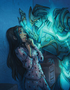 2girls absurdres against_wall alternate_costume armor bindi black_hair blue_fire commentary dark-skinned_female dark_skin dullahan earrings enchanted_armor_pharah english_commentary artistic_error fire full_armor glowing hair_down height_difference highres jewelry long_hair multiple_girls official_alternate_costume overwatch overwatch_1 pajamas pharah_(overwatch) stud_earrings symmetra_(overwatch) yuri zee_arts