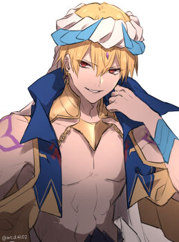 1boy abs blonde_hair commentary cropped_vest earrings fate/grand_order fate_(series) gilgamesh gilgamesh_(caster)_(fate) gilgamesh_(fate) hat highres jewelry male_focus navel red_eyes shoulder_tattoo smile solo tattoo tofu_(bean359) twitter_username upper_body vest white_hat