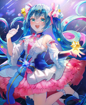 1girl amanomiya_megu aqua_eyes aqua_hair asymmetrical_legwear blue_thighhighs blush breasts colored_inner_hair commentary detached_collar detached_sleeves dress english_commentary frilled_dress frills gloves hair_between_eyes hair_ornament half_gloves hatsune_miku hatsune_miku_expo highres long_hair looking_at_viewer medium_breasts multicolored_hair open_mouth pink_gloves pink_hair pink_ribbon pink_skirt ribbon single_thighhigh skirt small_stellated_dodecahedron smile solo strapless strapless_dress teeth thighhighs very_long_hair vocaloid white_dress wide_sleeves