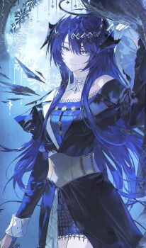 1girl arknights arm_at_side arm_up asymmetrical_gloves black_dress black_halo black_horns blue_eyes blue_hair blue_theme choker closed_mouth clothing_request collarbone corset cowboy_shot ddinut detached_wings dress gloves hair_between_eyes hair_ornament halo hand_up highres holding horns light_smile long_hair long_sleeves looking_at_viewer mismatched_gloves mostima_(arknights) mostima_(ethereal_harmony)_(arknights) off_shoulder official_alternate_costume single_sleeve_cuff single_wide_sleeve sleeve_cuffs solo standing very_long_hair white_choker white_gloves wide_sleeves wings