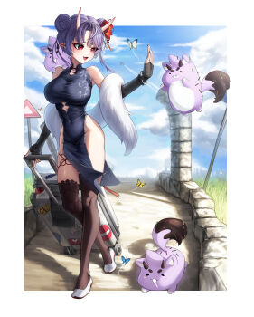 1girl absurdres armpits bare_shoulders blue_dress breasts brown_thighhighs character_request clothing_cutout commission covered_navel creature cutout_above_navel demon_horns detached_sleeves double_bun dress feather_boa full_body hair_bun highres horns indie_virtual_youtuber large_breasts long_sleeves looking_to_the_side no_panties open_mouth pelvic_curtain pointy_ears purple_hair red_eyes rolling_suitcase shoes sleeveless sleeveless_dress smile solo standing suitcase taut_clothes taut_dress thighhighs thighs tkl virtual_youtuber white_shoes