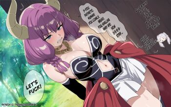 2girls aura_(sousou_no_frieren) aura_bullying_(meme) blue_eyes braid breasts clothing_cutout commentary demon_girl demon_horns elbow_gloves elf embarrassed english_commentary english_text frieren gloves gold_necklace highres horns jewelry large_breasts light_blush long_hair low-braided_long_hair low-tied_long_hair meme multiple_braids multiple_girls navel navel_cutout necklace overskirt pleated_skirt pointy_ears purple_hair quad_braids skirt sousou_no_frieren speech_bubble sweat the_amazing_gambit thighs white_skirt