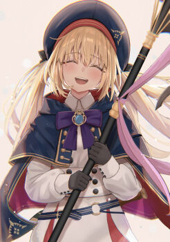 1girl artoria_caster_(fate) artoria_caster_(second_ascension)_(fate) artoria_pendragon_(fate) belt beret black_bow black_gloves blonde_hair blue_belt blue_cloak blue_gem blue_hat blush bomberca309 bow buttons cloak closed_eyes collared_shirt derivative_work facing_viewer fate/grand_order fate_(series) gem gloves gold_trim hair_between_eyes hair_bow hat highres holding holding_staff long_hair long_sleeves open_mouth ornament pink_ribbon purple_bow ribbon shirt skirt smile solo staff teeth twintails white_background white_shirt white_skirt