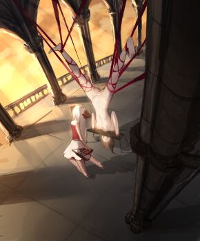 2girls absurdres bar_censor barefoot bdsm bondage bound breasts brown_hair censored chain chainsaw clothed_female_nude_female commentary completely_nude dildo earl_roze femdom highres holding holding_chainsaw holding_sex_toy horns leaning_forward light_rays long_hair multiple_girls navel nipples nude orange_sky original pillar pillory pussy red_ribbon red_shirt reflective_floor restrained ribbon ribbon_bondage sex_toy shirt short_hair skirt sky small_breasts sunbeam sunlight sunset suspension upside-down white_hair white_skirt yuri