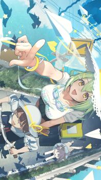 1boy 1girl aishuu_hebiko artist_request bicycle breasts brown_hair casual cat day forced_smile green_hair highres index_finger_raised large_breasts lilith-soft long_hair official_art official_wallpaper outdoors phone_wallpaper shirt sketch smile solo sunlight taimanin_(series) taimanin_rpgx trap uehara_shikanosuke wallpaper water white_shirt yellow_eyes