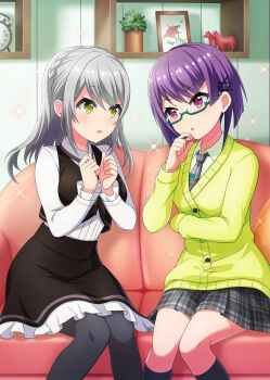 2girls :o alarm_clock analog_clock black_pantyhose black_skirt black_socks black_vest blush braid breasts buttons cardigan clock couch crown_braid dot_nose glasses green-framed_eyewear green_cardigan green_eyes grey_hair grey_necktie grey_skirt hair_ornament hand_on_own_chin hands_up indoors lens_flare long_sleeves medium_breasts medium_hair multiple_girls nanami_(project_tokyo_dolls) necktie official_art open_mouth pantyhose picture_frame plaid_clothes plaid_necktie plaid_skirt plant potted_plant project_tokyo_dolls purple_eyes purple_hair second-party_source semi-rimless_eyewear shelf shirt short_hair sitting skirt socks sparkle under-rim_eyewear vest wall_shelf white_shirt x_hair_ornament yuki_(project_tokyo_dolls)