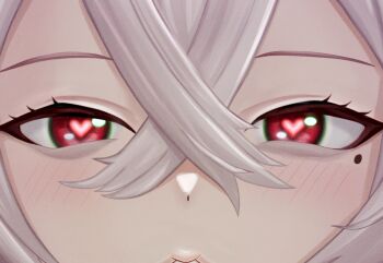 1girl assertive_female azur_lane blush fur_trim gangut_(azur_lane) hair_between_eyes hat heart heart-shaped_pupils highres kiss long_hair mikumaushi military military_uniform mole mole_under_eye naval_uniform pov red_eyes symbol-shaped_pupils white_hair white_hat