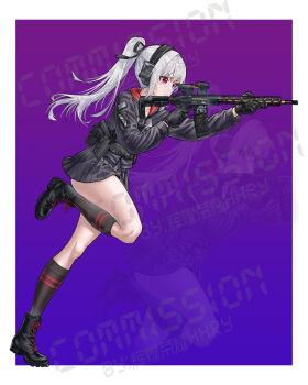 Rule 34 | 1girl, absurdres, american flag, black boots, black socks, boots, breasts, clenched teeth, collarbone, grey hair, gun, handgun, headphones, highres, holding, holding gun, holding weapon, hood, hoodie, huihuang rongyao, military, military combat uniform, military uniform, open mouth, original, pleated skirt, ponytail, red eyes, running, skirt, small breasts, socks, solo, tactical clothes, teeth, thighs, weapon, weapon request
