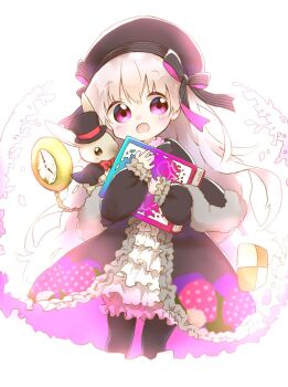 Rule 34 | 1girl, :d, animal, animal on shoulder, beret, black capelet, black dress, black hat, black pantyhose, black ribbon, blue jacket, blush, book, bow, bowtie, capelet, commentary request, cowboy shot, dress, fate (series), fur-trimmed capelet, fur trim, grey hair, hair ribbon, hat, highres, holding, holding book, jacket, long hair, long sleeves, nipeira, nursery rhyme (fate), nursery rhyme (third ascension) (fate), open mouth, pantyhose, pink eyes, rabbit, red bow, red bowtie, ribbon, smile, solo, striped ribbon, tareme, top hat, two side up, white background