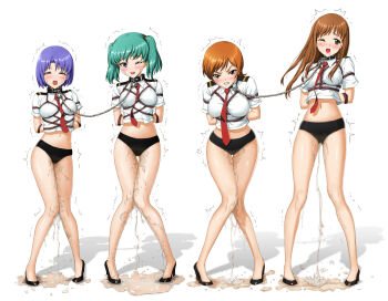 4girls angry aqua_hair arms_behind_back bdsm black_panties blue_eyes blue_hair blush bondage bound breast_bondage breasts brown_eyes brown_hair clenched_teeth collar crotch crying doi_shizuha drooling green_hair hip_focus honjou_mikaze humiliation kikuhara_karin leash legs lineup long_hair looking_at_viewer medium_breasts midriff multiple_girls nakamura_ayamo navel neongun open_mouth orange_hair panties pantyshot peeing peeing_self peeing_together rope saliva screaming shadow shaking short_hair simple_background small_breasts standing stratos_4 sweat tears teeth thighs trembling twintails underwear wet wet_clothes wet_panties white_background