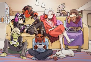 3girls 4boys alternate_costume astarion baldur's_gate baldur's_gate_3 beanie black_pants brown_hair colored_skin contemporary controller couch covering_own_eyes crossed_legs demon_horns dog dungeons_&amp;_dragons dungeons_&amp;_dragons elf gale_(baldur's_gate) game_controller green_skin group_picture hat headset highres holding holding_controller holding_game_controller horns indian_style indoors karlach lae'zel lamp multicolored_hair multiple_boys multiple_girls on_couch on_floor pants pointy_ears red_skin refrigerator scratch_(baldur's_gate) shadowheart_(baldur's_gate) short_hair sitting slippers the_dark_urge_(baldur's_gate) tiefling track_suit two-tone_hair white_hair wyll_(baldur's_gate) yy20251111