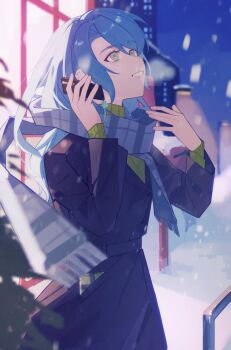 1girl aqua_hair bang_dream! black_coat coat commentary_request green_eyes grey_scarf highres hikawa_sayo long_hair long_sleeves open_mouth scarf snow solo talking_on_phone toumeiii