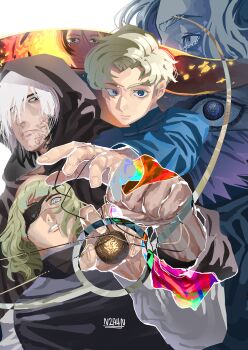 Rule 34 | 1girl, 4boys, absurdres, arnanra, artist name, badeni, beard, black eyes, black robe, blonde hair, blue eyes, blue shirt, burn scar, character request, check character, chi.: chikyuu no undou ni tsuite, closed mouth, crying, crying with eyes open, double exposure, eyepatch, facial hair, fire, floating hair, hair over one eye, highres, hood, hood up, hubert (chi.), jewelry, jolenta, light smile, long sleeves, looking at viewer, medium hair, multiple boys, multiple views, necklace, nowak (chi.), parted lips, projected inset, rafal (chi.), reaching, robe, scar, scar on face, scar on lip, shirt, short hair, tears, tonsure, white eyes, white hair, white mouth, white shirt