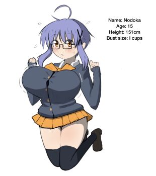 1girl ahoge black_thighhighs blush bouncing_breasts bow breasts brown_shoes buttons character_age character_name character_profile english_text flying_sweatdrops glasses hair_ornament jumping large_breasts looking_at_viewer madmex miniskirt mole mole_under_eye motion_lines nodoka_(madmex) orange_bow orange_eyes orange_skirt original parted_lips shoes short_hair_with_long_locks sidelocks simple_background skirt solo thighhighs thighs white_background x_hair_ornament