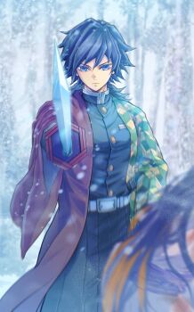 1boy 510lilith belt black_hair black_jacket black_pants blue_eyes buttons commentary_request demon_slayer_uniform forest gold_buttons haori high_collar highres holding holding_sword holding_weapon jacket japanese_clothes katana kikkoumon kimetsu_no_yaiba long_hair low_ponytail male_focus nature pants pointing pointing_at_viewer ponytail print_haori red_haori snow solo_focus spiked_hair standing sword tomioka_giyuu weapon white_belt