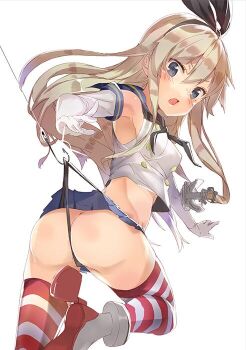 10s 1girl anchor ass bare_shoulders black_panties blonde_hair blue_eyes butt_crack elbow_gloves female_focus fish_hook fishing_line gloves hairband highleg highleg_panties hook jpeg_artifacts kantai_collection long_hair looking_at_viewer midriff miniskirt open_mouth panties sailor_collar shimakaze_(kancolle) skirt solo striped_clothes striped_thighhighs thighhighs thong underwear wedgie white_background white_gloves yukizumi_remon