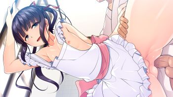 2boys anal aogiri_penta apron bent_over black_hair blunt_bangs braid bulge endou_mishiro erection erection_under_clothes frilled_apron frills from_below game_cg green_eyes hair_ribbon indoors japanese_clothes josou_jinja leaning_on_object leg_grab leg_up long_hair male_focus male_penetrated masato_(josou_jinja) multiple_boys naked_apron nipple_slip nipples open_mouth penis ponytail red_ribbon ribbon sex sex_from_behind sidelocks smile standing standing_on_one_leg standing_sex testicles trap uncensored yaoi