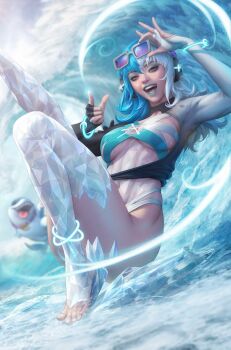 1girl blue_hair blue_lips breasts cleavage cryokinesis eyewear_on_head highres ice jeff_(marvel) luna_snow luna_snow_(cool_summer) marvel marvel_rivals medium_breasts multicolored_hair official_alternate_costume official_alternate_hairstyle official_art open_mouth purple-tinted_eyewear smile solo_focus split-color_hair stanley_lau sunglasses surfing tinted_eyewear toned toned_female white_hair