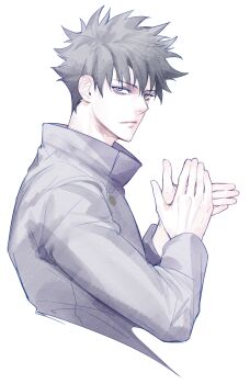 Rule 34 | 1boy, black hair, closed mouth, commentary request, cropped torso, from side, fushiguro megumi, grey eyes, high collar, highres, jujutsu kaisen, jujutsu tech uniform, kan (forest kan), looking at viewer, male focus, own hands together, short hair, simple background, solo, white background