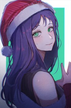 1girl aegyo_sal blush border chainsaw_man commentary fur-trimmed_headwear fur_trim green_background green_eyes hat highres long_hair looking_at_viewer looking_to_the_side mole mole_on_cheek mole_under_eye outside_border own_hands_together purple_hair red_hat sakuranuts00 santa_claus_(chainsaw_man) santa_hat simple_background smile solo steepled_fingers upper_body white_border