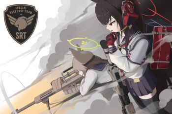 2girls animal_ears black_hair black_sailor_collar black_skirt black_thighhighs blue_archive braid braided_ponytail brown_hair dutch_angle feet_out_of_frame fighting_stance fox_ears fox_girl from_side gloves green_halo gun halo hand_up highres holding holding_gun holding_weapon long_hair long_sleeves looking_ahead low_ponytail lying miniskirt multiple_girls neckerchief on_stomach open_mouth otogi_(blue_archive) pleated_skirt ponytail red_eyes red_gloves red_halo red_neckerchief sailor_collar school_uniform serafuku serious shirt simple_background skirt smoke standing straight_hair thighhighs v-shaped_eyebrows vam_(js_vam) very_long_hair weapon white_background white_shirt yukino_(blue_archive) zettai_ryouiki