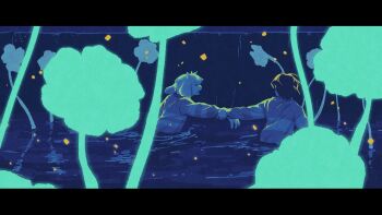 1boy 1other animal_ears asriel_dreemurr blue_flower blue_theme chara_(undertale) commentary_request double_horizontal_stripe flower furry furry_male gnd_ib goat_boy goat_ears goat_horns highres holding_another&#039;s_wrist horns korean_commentary letterboxed open_mouth shirt single_horizontal_stripe striped_clothes striped_shirt undertale utdr_(toby_fox) wading water