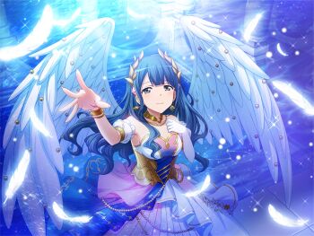 1girl blue_hair bracelet brown_eyes closed_mouth dress earrings elbow_gloves fake_wings feathers game_cg gloves hair_down hanayagi_kaoruko hand_on_own_chest headpiece jewelry long_hair looking_at_viewer multicolored_dress official_art pink_dress shoujo_kageki_revue_starlight shoujo_kageki_revue_starlight_-re_live- single_glove solo standing strapless strapless_dress virgo_(constellation) wavy_hair white_dress white_feathers white_gloves white_wings wings